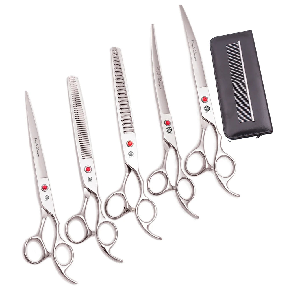 A set of professional stainless steel pet grooming scissors and a black case.