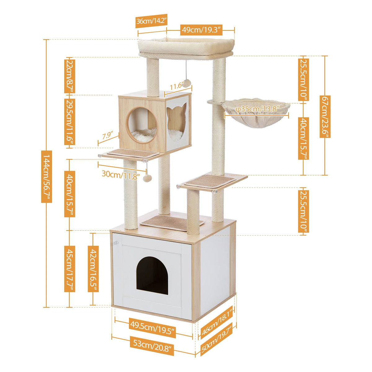 A wooden cat tower featuring a litter box enclosure and scratching posts, shown with detailed dimensions.