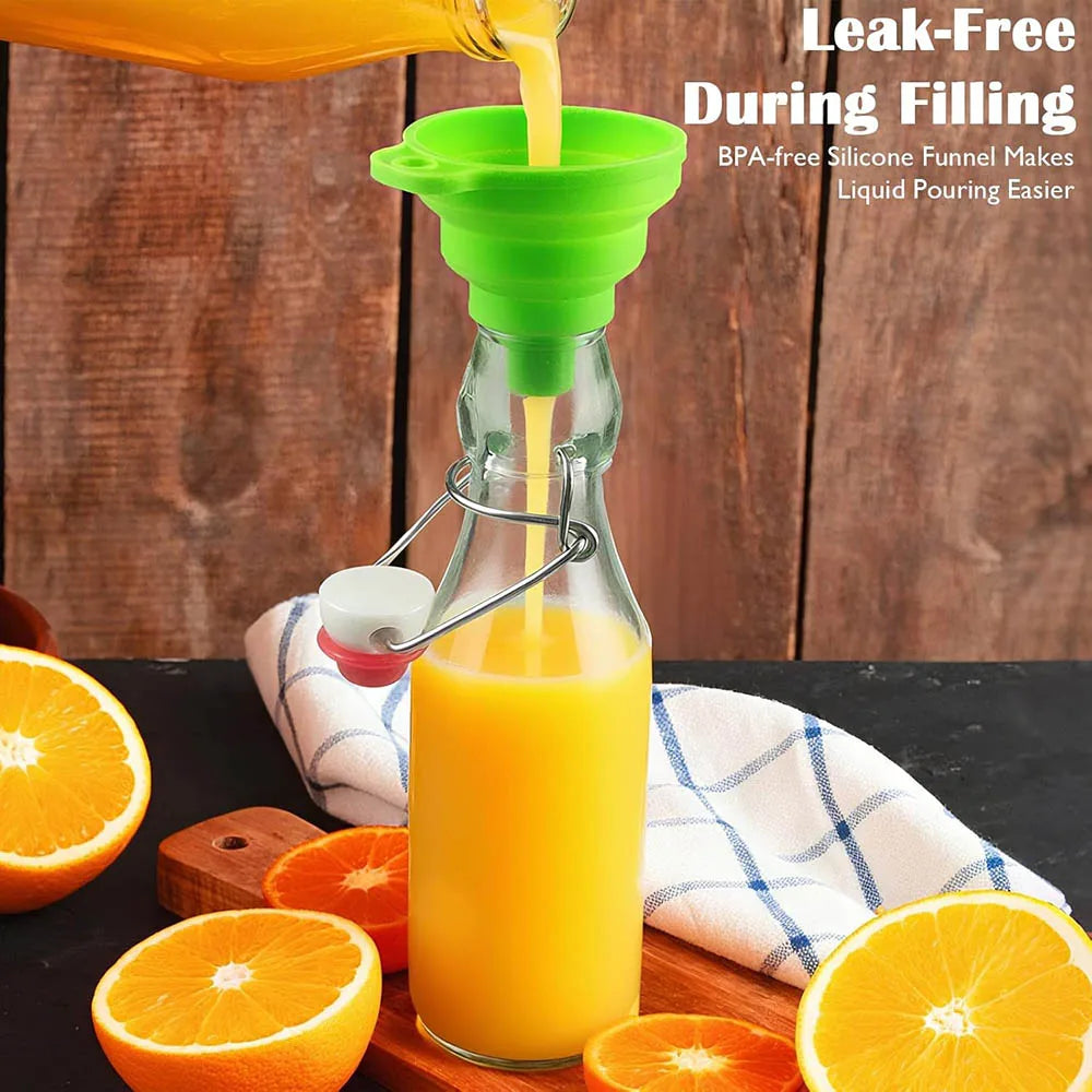 Bouteille à goulot de balancier en verre remplie de jus d'orange, montrant un entonnoir sans fuite.