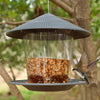 Nourricier à graines suspendu étanche avec toit conique et corps en verre clair, accroché à une branche d'arbre.