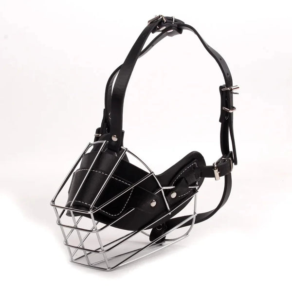 Black adjustable leather dog muzzle with a breathable metal wire frame