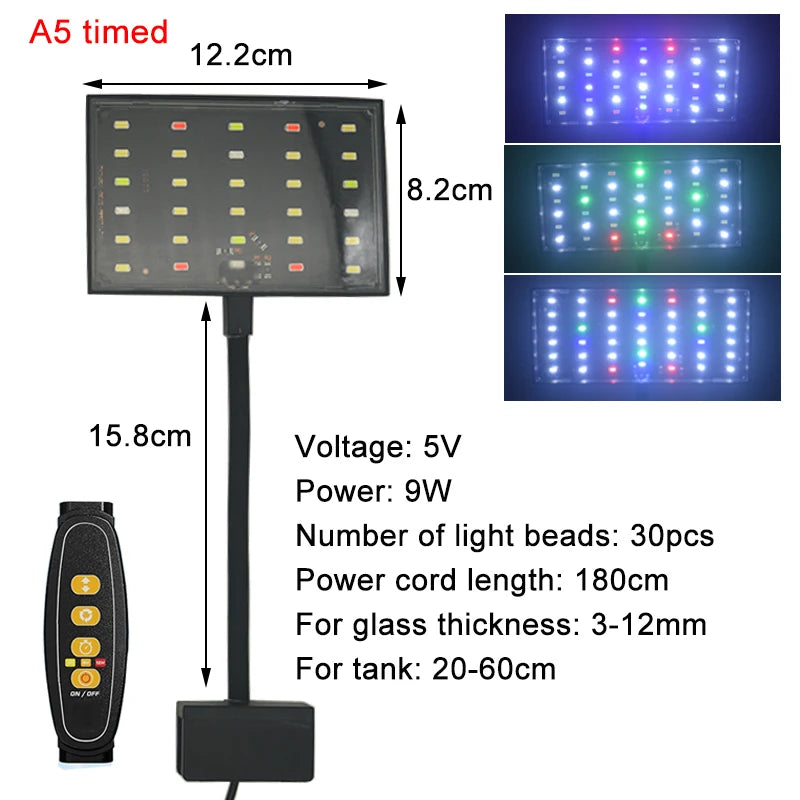 A timed A5 LED grow light fixture with 30 light beads, suitable for aquariums and tanks.