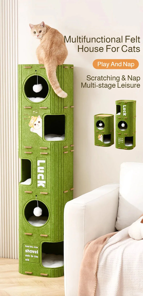 A vertical green felt house for cats with multiple stages for play and nap