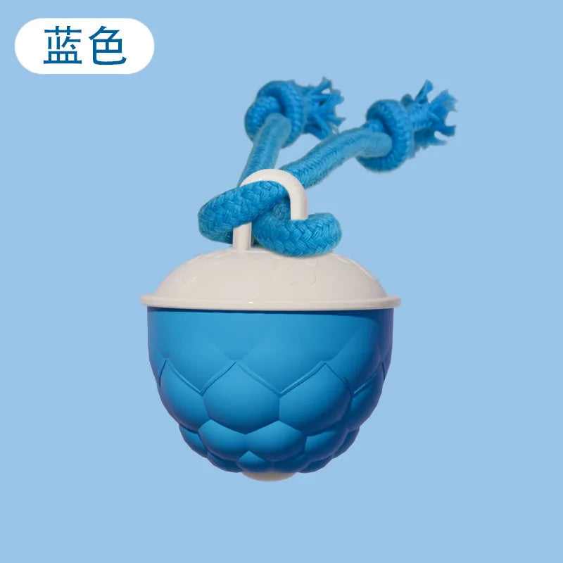 A blue interactive rolling dog ball with a white top and blue braided rope.
