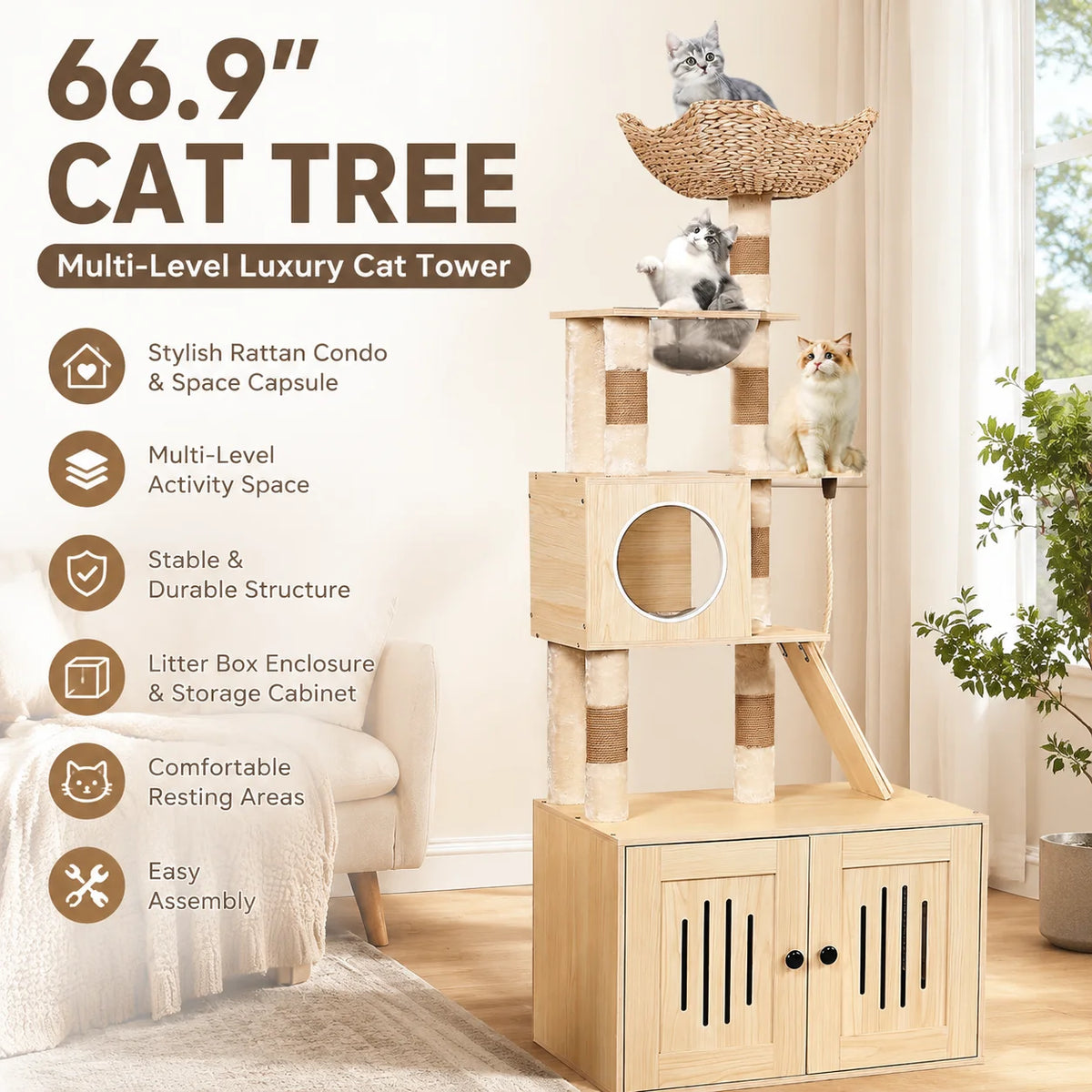 A multi-level wooden cat tree with a litter box enclosure and storage cabinet, featuring multiple levels for climbing and res