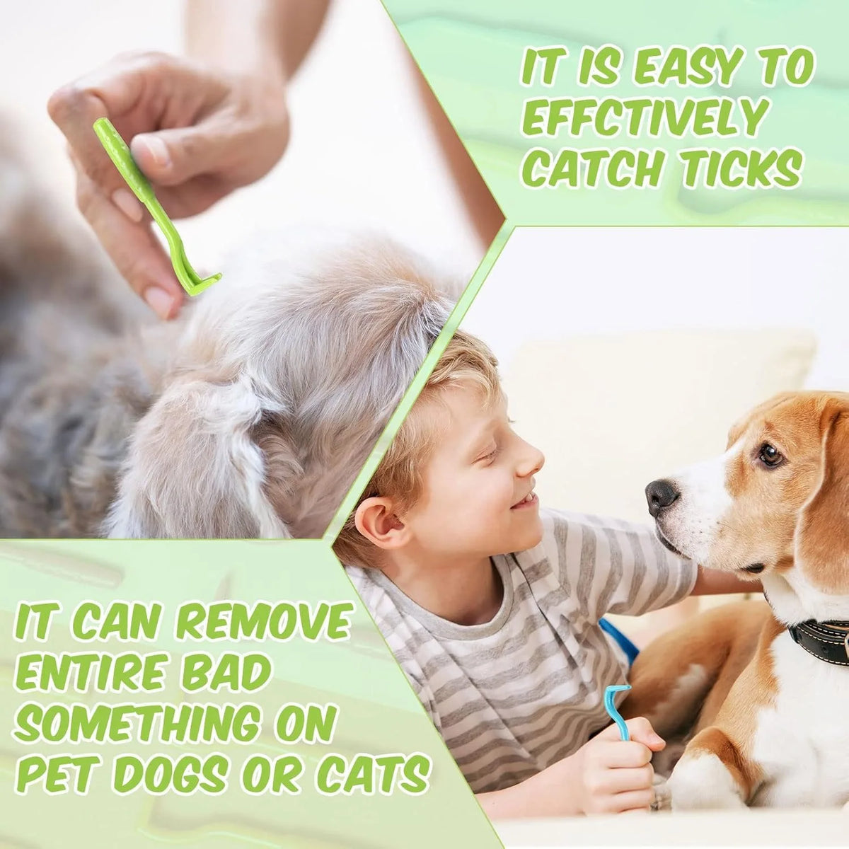 A child is using a green tool to remove ticks from a dog, demonstrating how to effectively catch ticks.