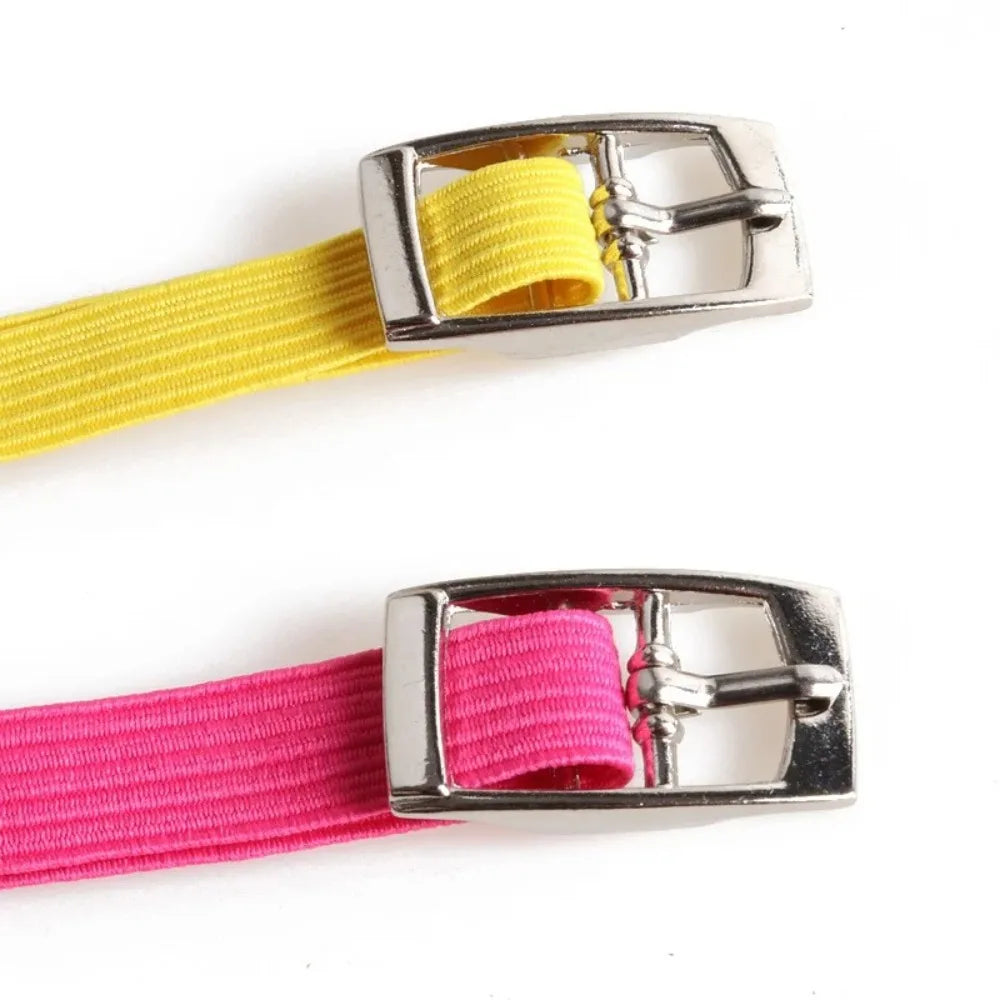 A close-up of an adjustable macaron cat collar with a silver buckle and pink elastic webbing.