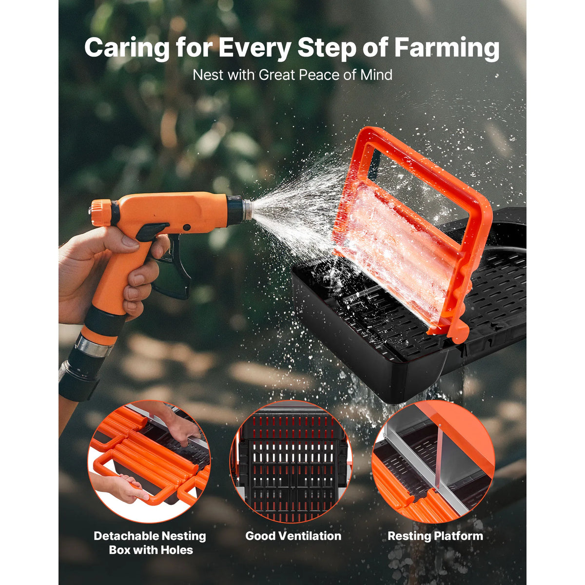 A hand sprays a durable galvanized steel nesting box with water onto a resting platform for farming.