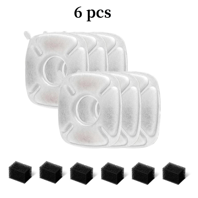 Six replacement filters for a cat water fountain, shown individually and in a row.