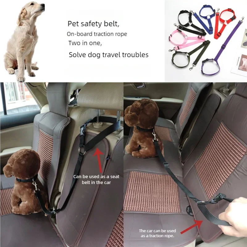 A small dog is secured in a seat belt and a traction rope inside a car, demonstrating the 2-in-1 pet safety belt.