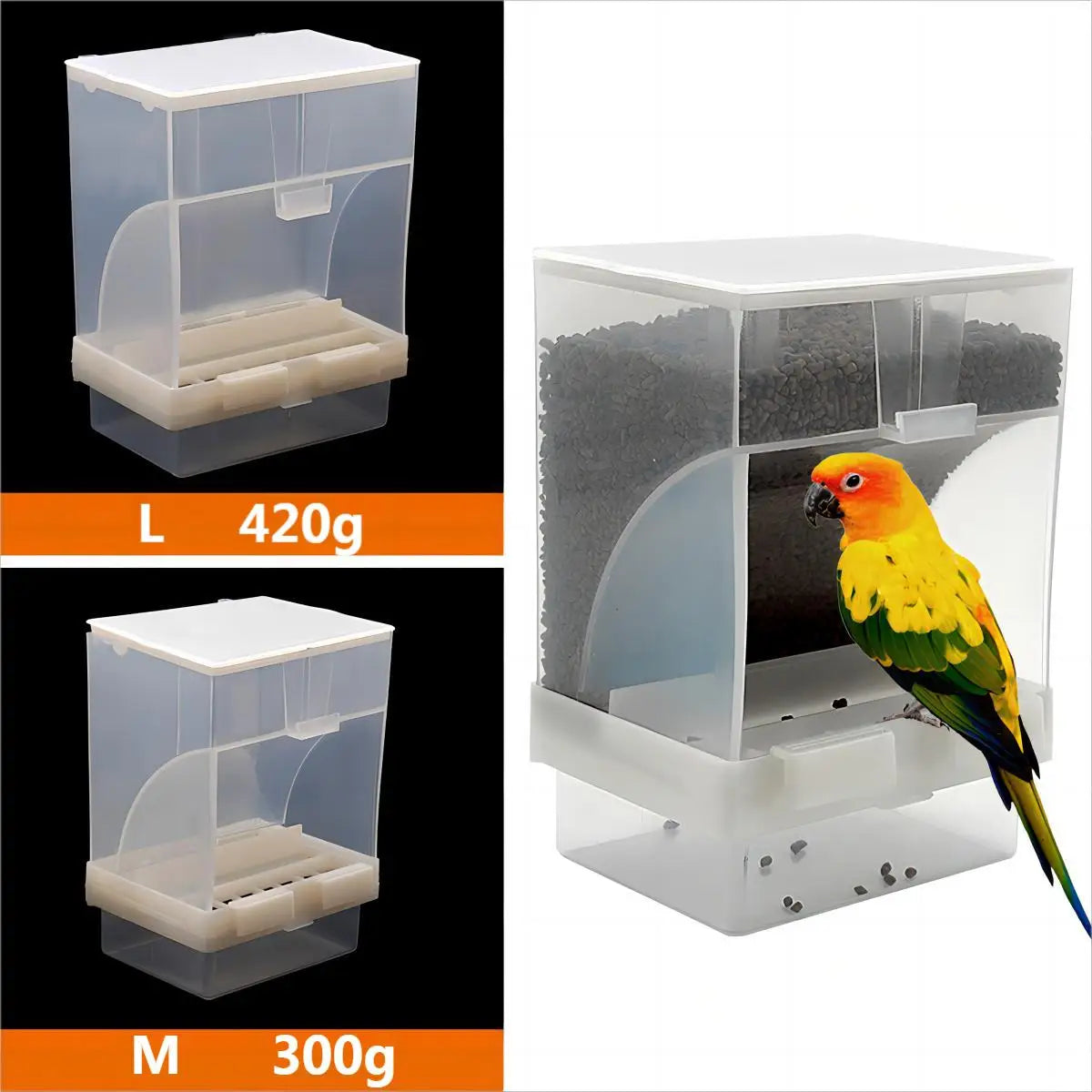 Zwei automatische Vogelfutterspender, groß (420g) und mittel (300g), aus klarem Kunststoff mit schutzfester Konstruktion.