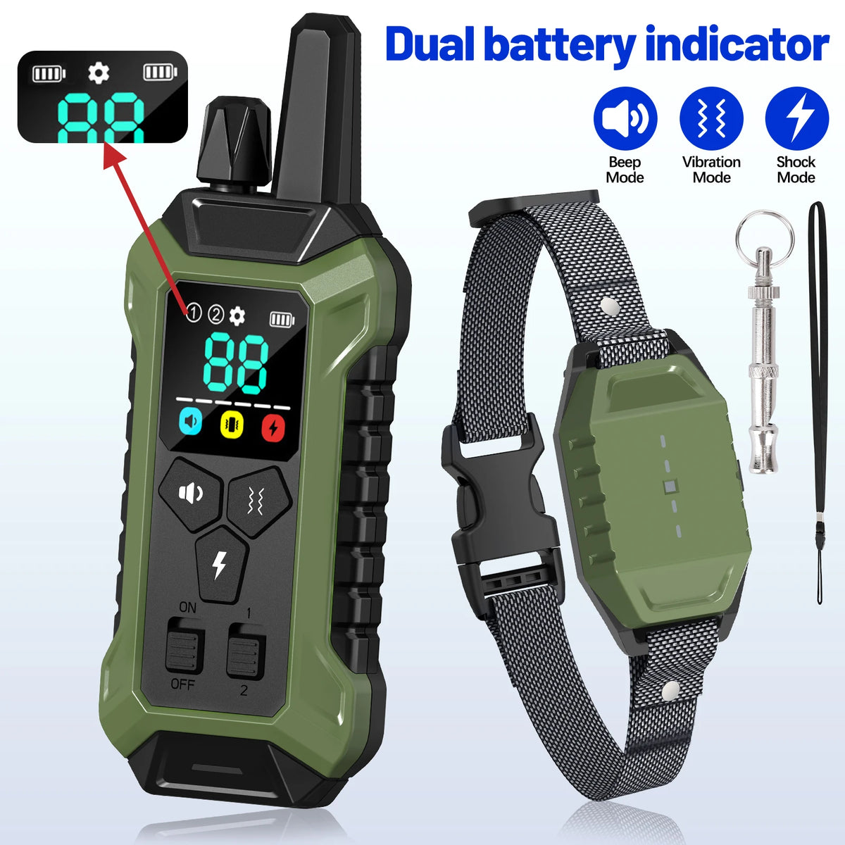 A green dual battery indicator remote control dog training collar with a strap and a separate leash.