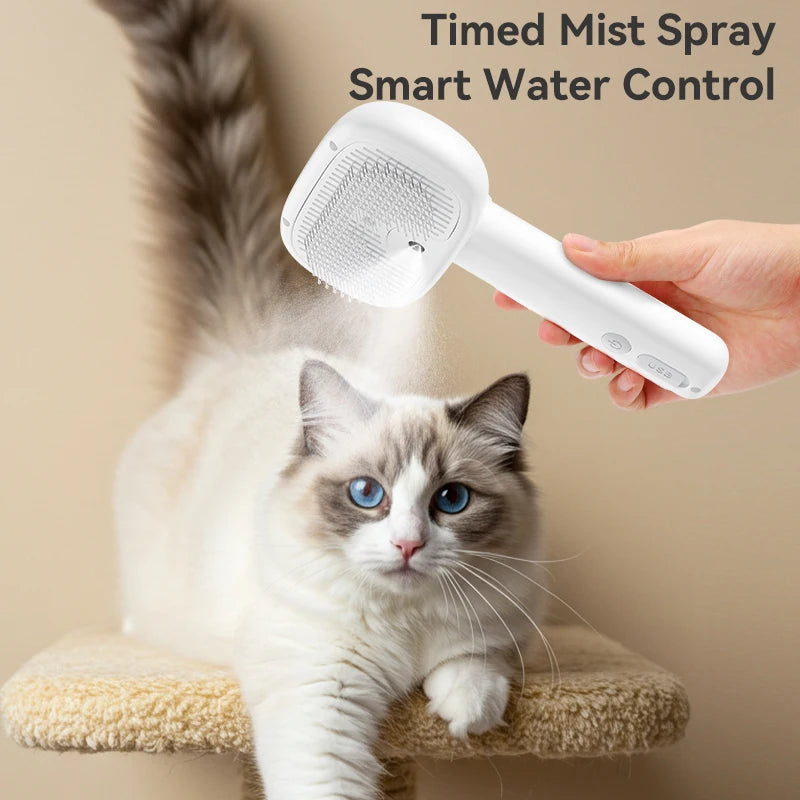 A white timed mist spray smart water control grooming brush is being used on a cat.