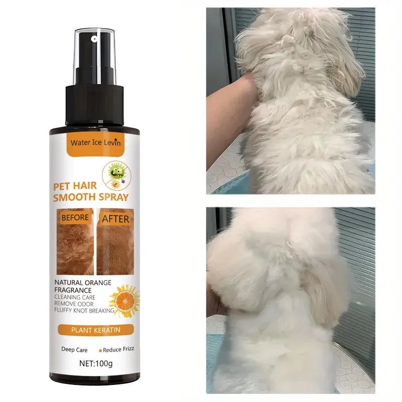 Flasche mit Tierhaarspray, zeigt Vorher-Nachher-Ergebnisse auf einem Hundefell.