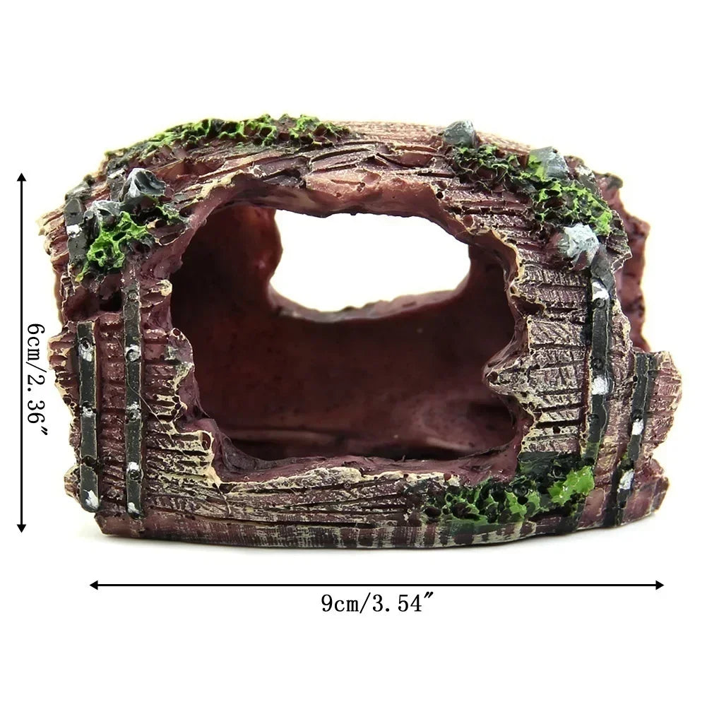 Rustic Resin Barrel Aquarium Ornament with Moss Accents