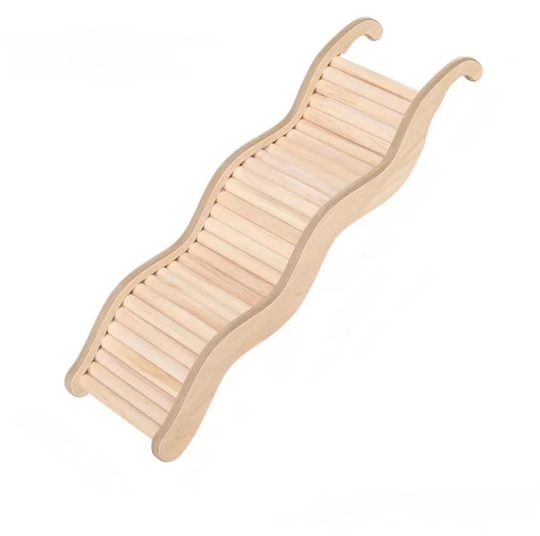 A wooden wave staircase hamster toy with a curved slide.
