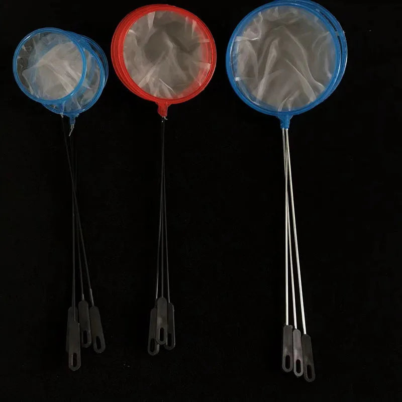 Three fine mesh aquarium landing nets with blue and red frames and stainless steel handles.