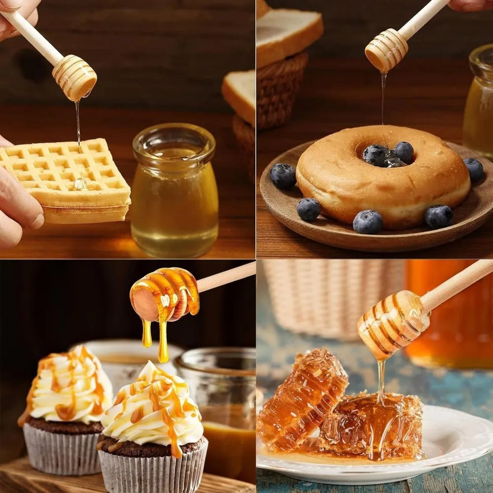 A wooden honey dipper is shown dripping golden honey onto a donut and some fruit on a wooden surface.