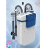 A white wall-mounted aquarium filter unit with tubing and a pump visible against a light blue background.