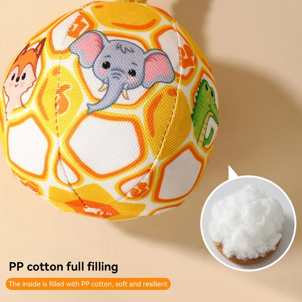 A yellow hexagonal plush ball toy featuring an elephant design and filled with PP cotton.