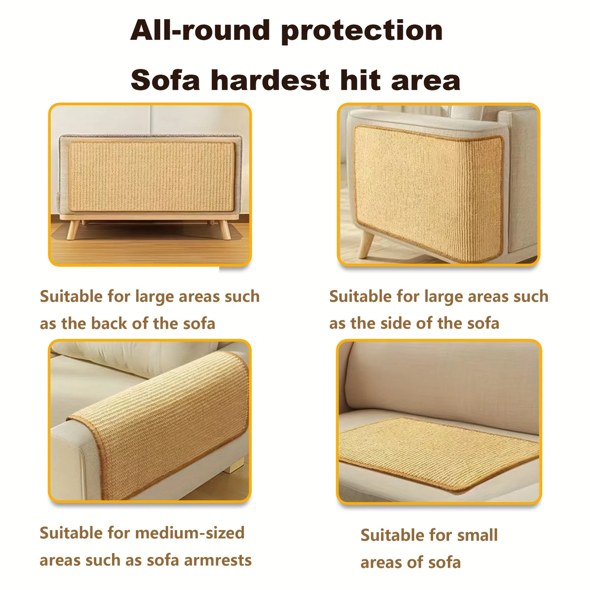 Natural sisal cat scratching mats shown in various sizes and applications for sofa protection