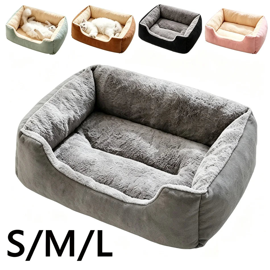 A gray plush pet bed shown in various sizes and angles, including small cushions and a large S/M/L size.