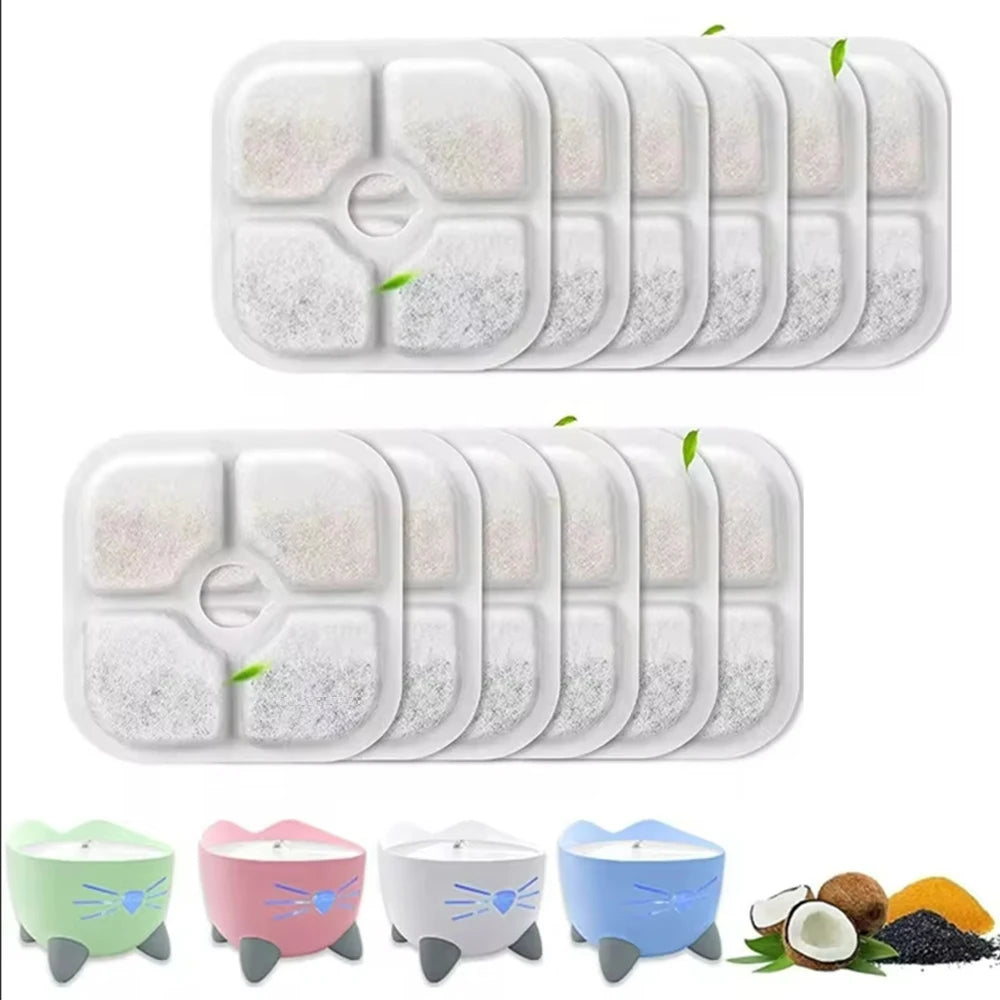 Replacement filters for a cat water fountain showing various filter types and related ingredients.