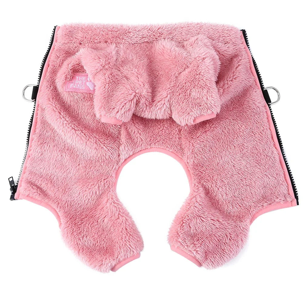 Pink fuzzy fleece dog jumpsuit with a faux fur collar and zipper.
