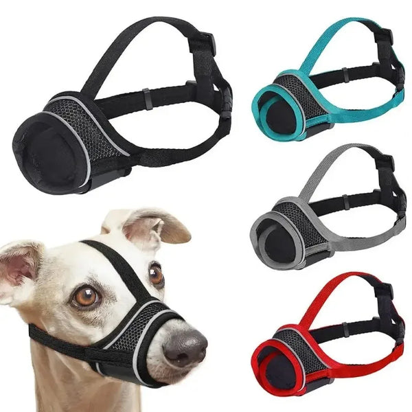 Various breathable adjustable dog muzzles in black, teal, and gray colors shown for safe walks and grooming.