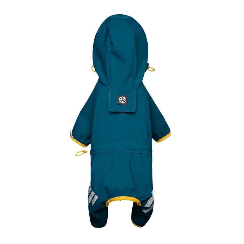 A teal waterproof dog raincoat with a hood and four-leg coverage.