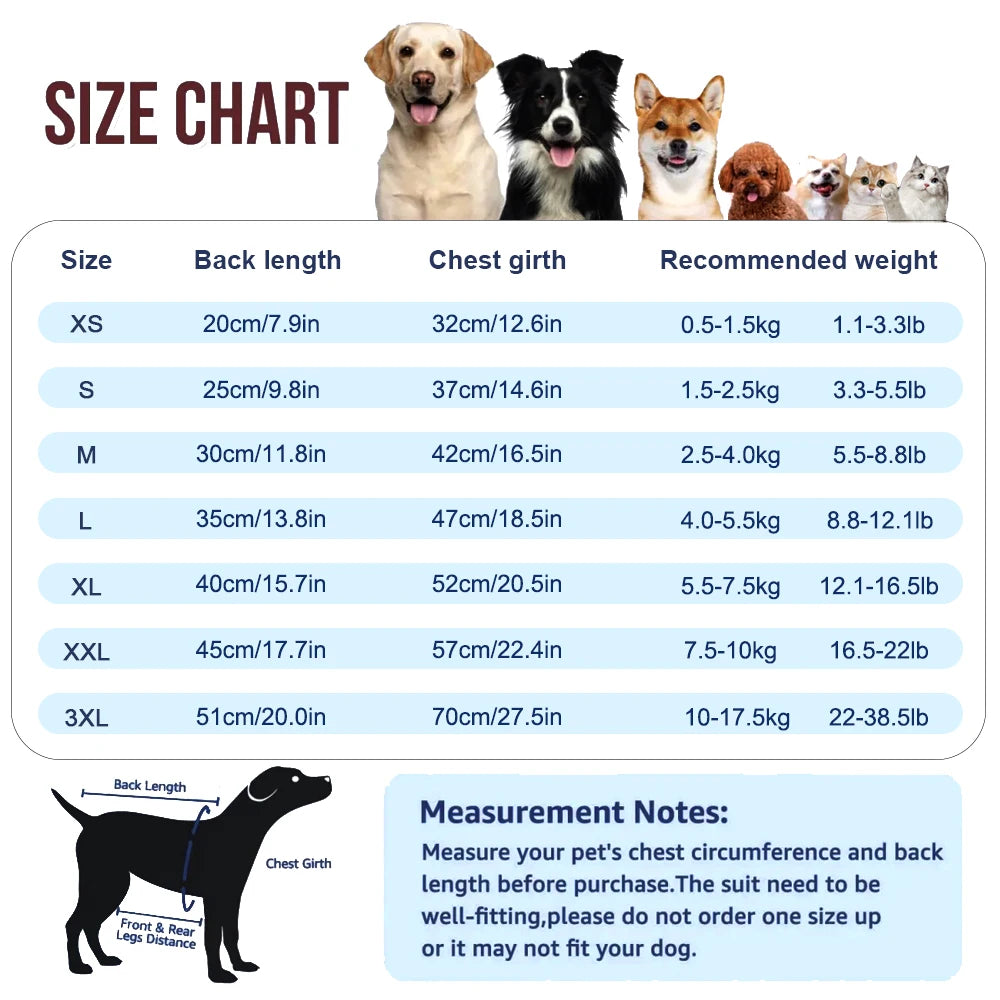 Size chart for a cooling dog vest showing measurements for various sizes XS to 3XL