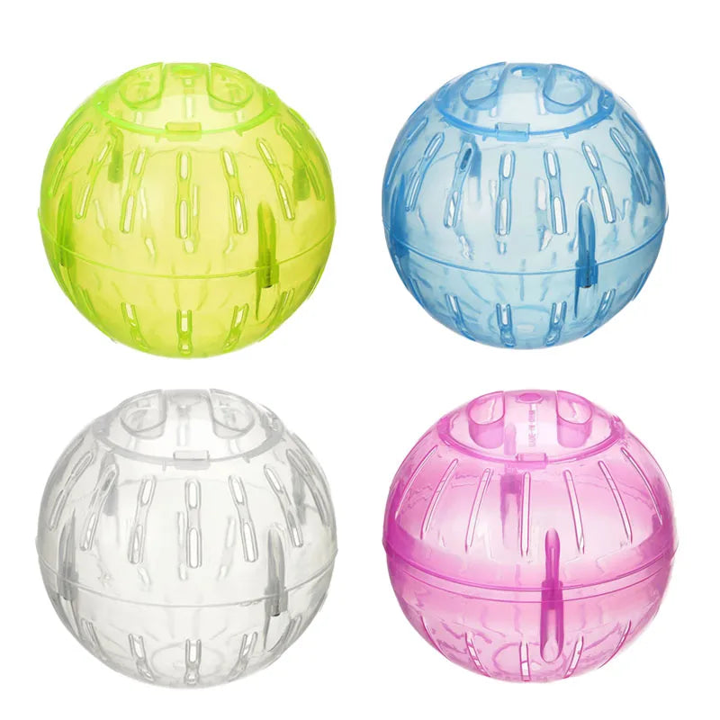 Four transparent exercise balls for small pets in lime green, blue, silver, and pink.
