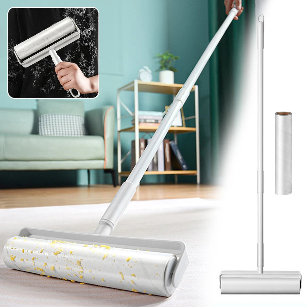 A silver lint roller with a long extendable handle is shown next to its head and in use on a surface.