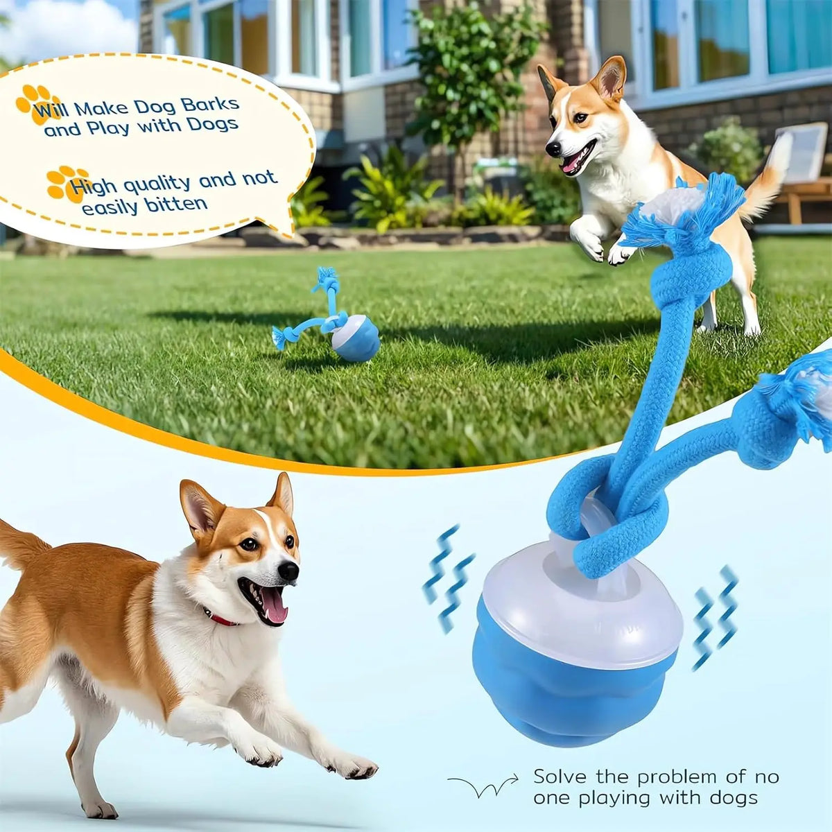 A blue interactive rolling dog ball with ropes is shown being played with by a happy dog in a grassy yard.