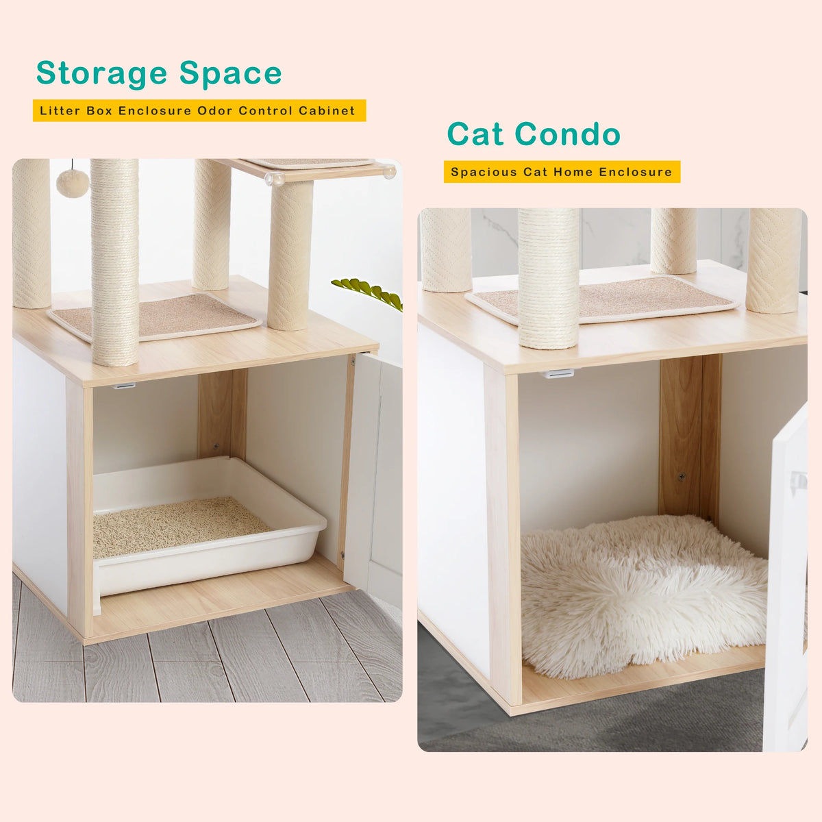 A wooden cat condo featuring a litter box enclosure and scratching posts for cats.