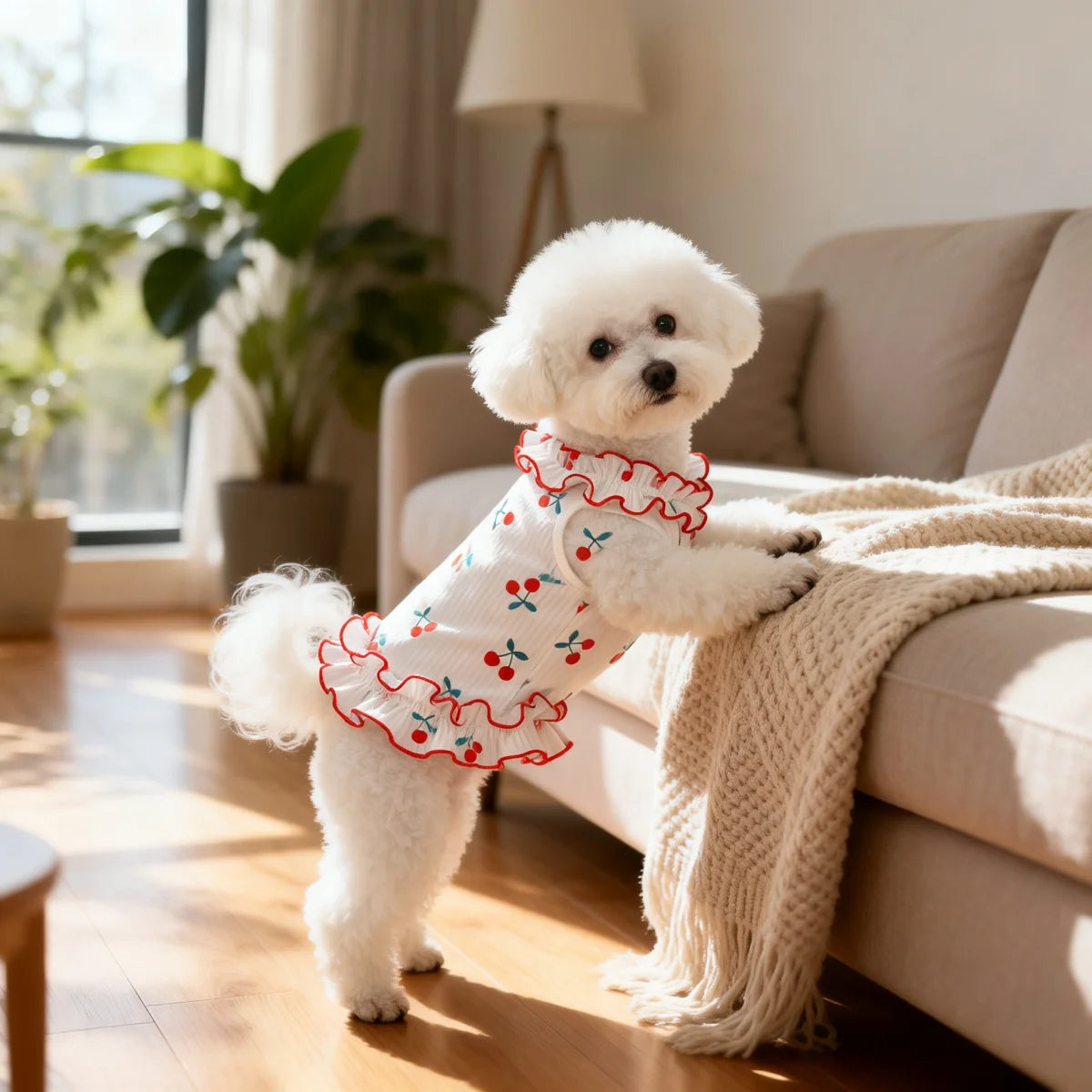 Ein flauschiger weißer Hund in einem roten und weißen Kirschröckchen entspannt auf einem hellen Sofa.