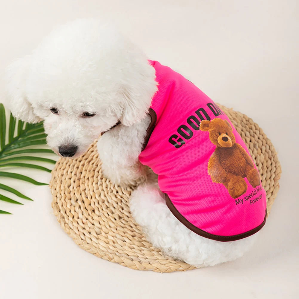 A white fluffy dog wearing a pink pet vest with a brown bear print on a woven mat.