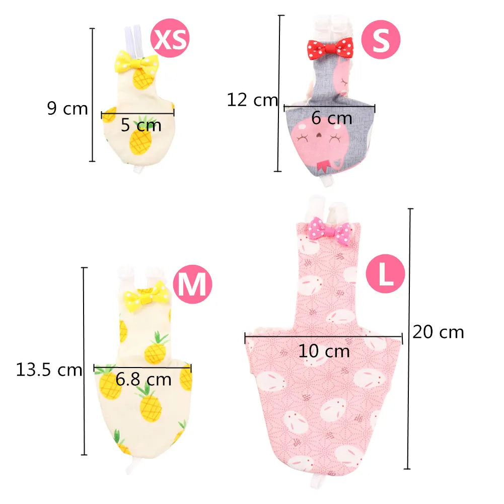 A set of reusable parrot diapers in sizes XS, S, M, and L, featuring various patterns and designs.