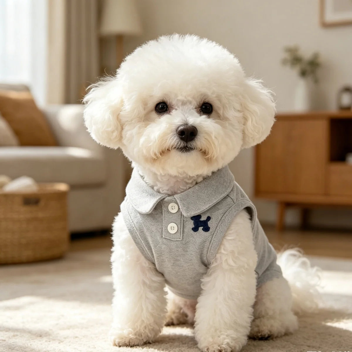 A fluffy white dog wearing a gray polo shirt sitting on a light rug.
