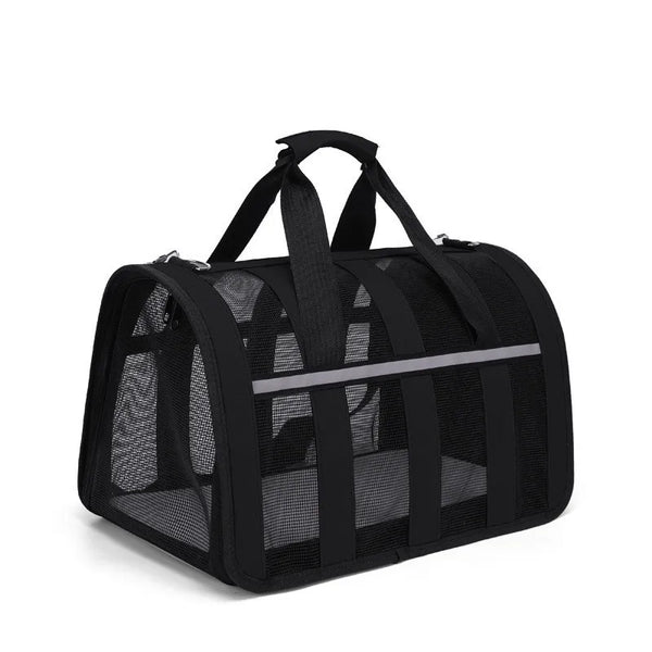 Black foldable mesh pet carrier with a shoulder strap.