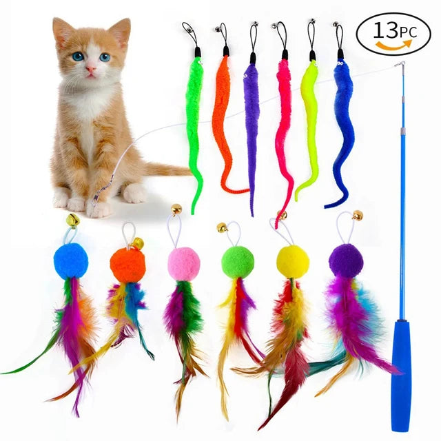 A variety pack of interactive cat toys including plush replacements and a telescopic pole, shown next to a kitten.