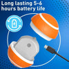 An orange and white LED pet ball is shown next to its charging cable, illustrating a long-lasting battery life.
