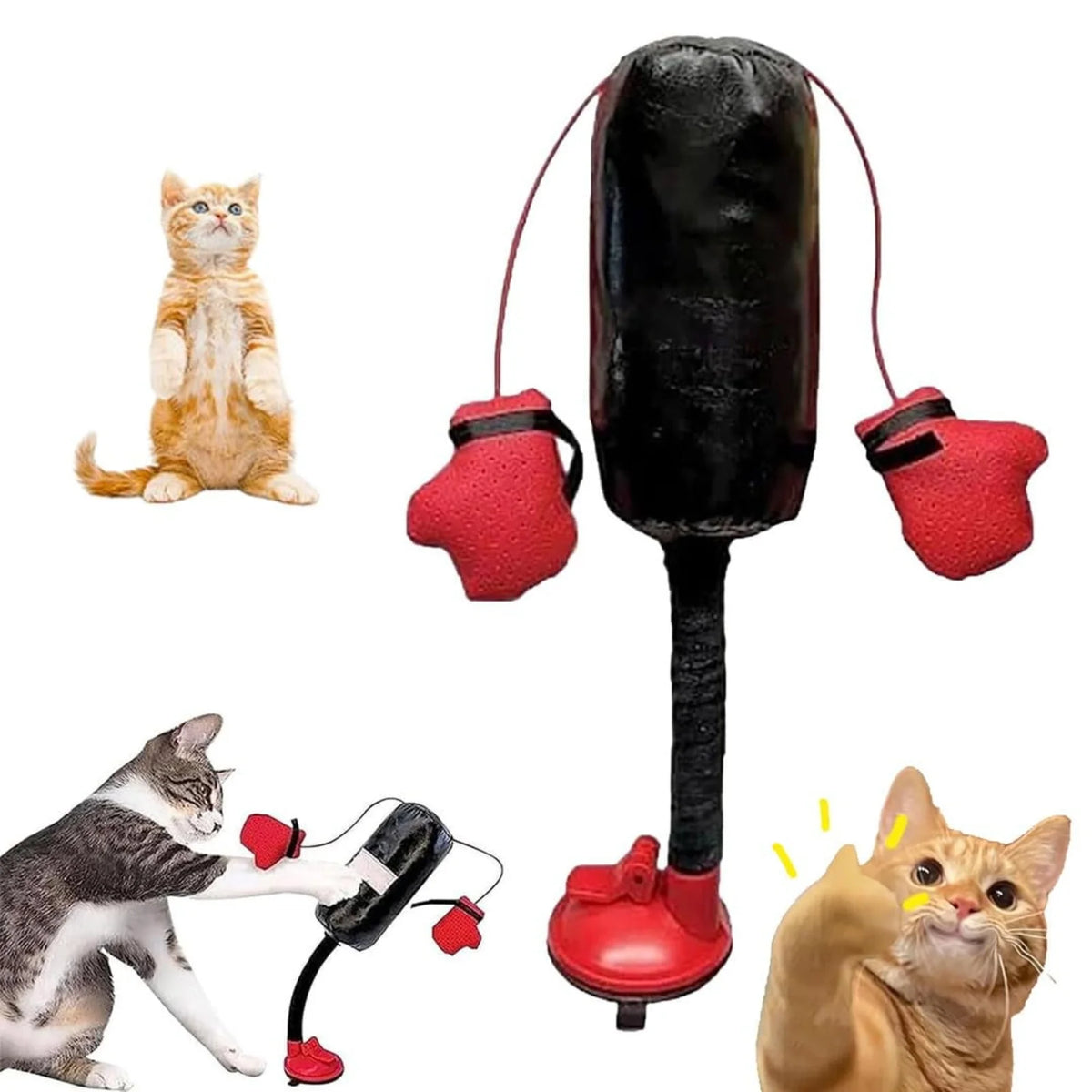 Schwarzes interaktives Katzen-Boxen- und Kratzspielzeug mit roten Griffen, neben einer Katze, die damit spielt.