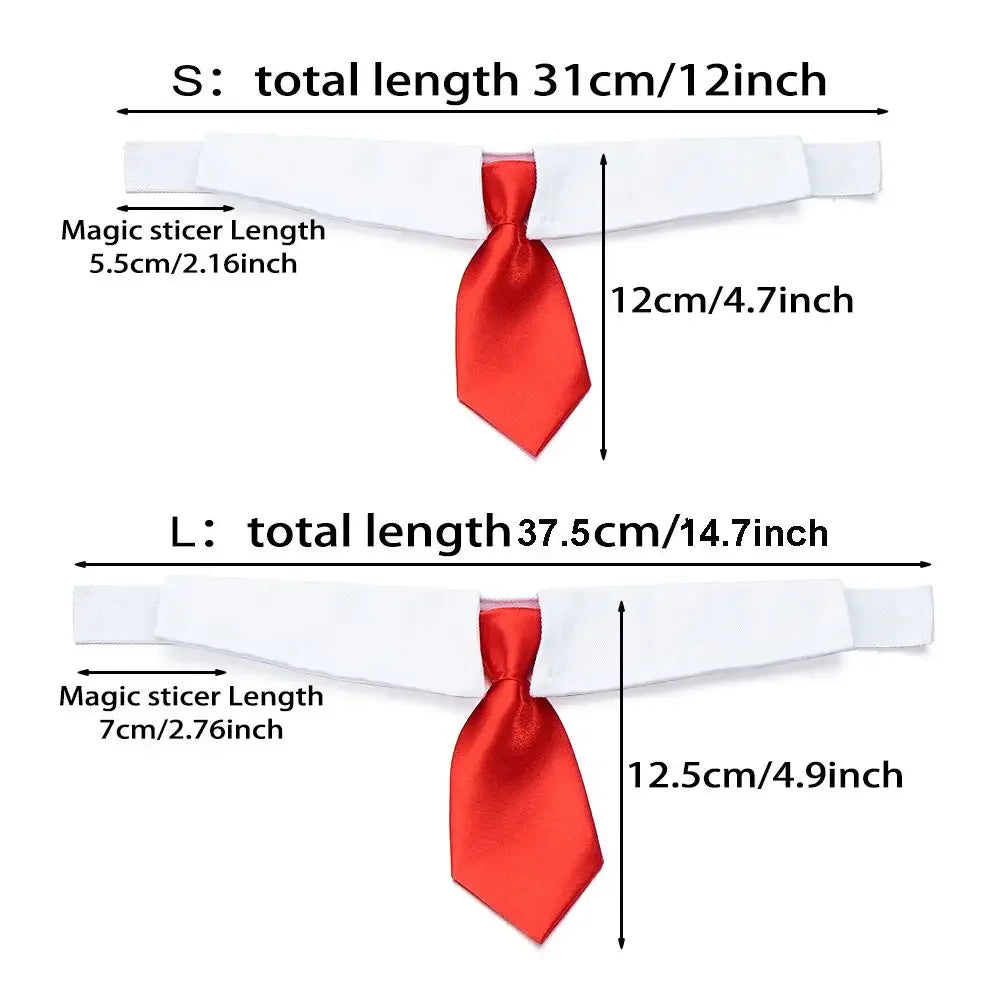 Comparison of small and large pet formal necktie and bow tie collars in red and white.