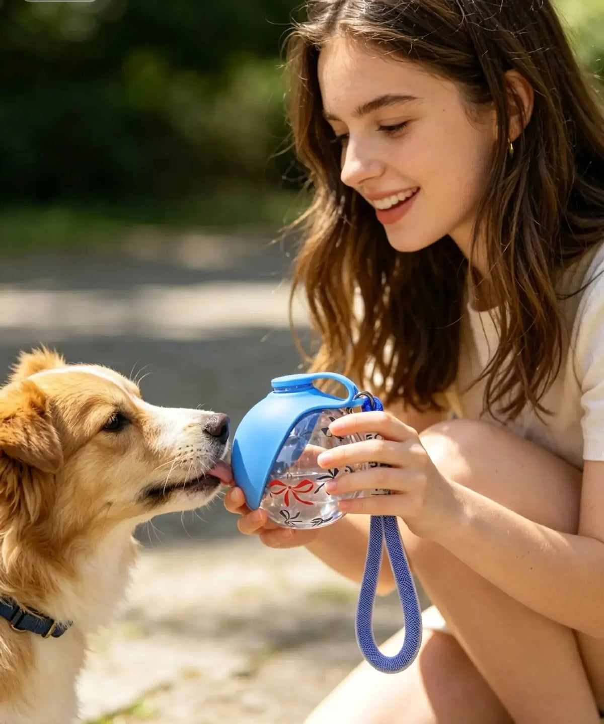 A young girl is holding a blue portable dog water bottle while interacting with a golden retriever.