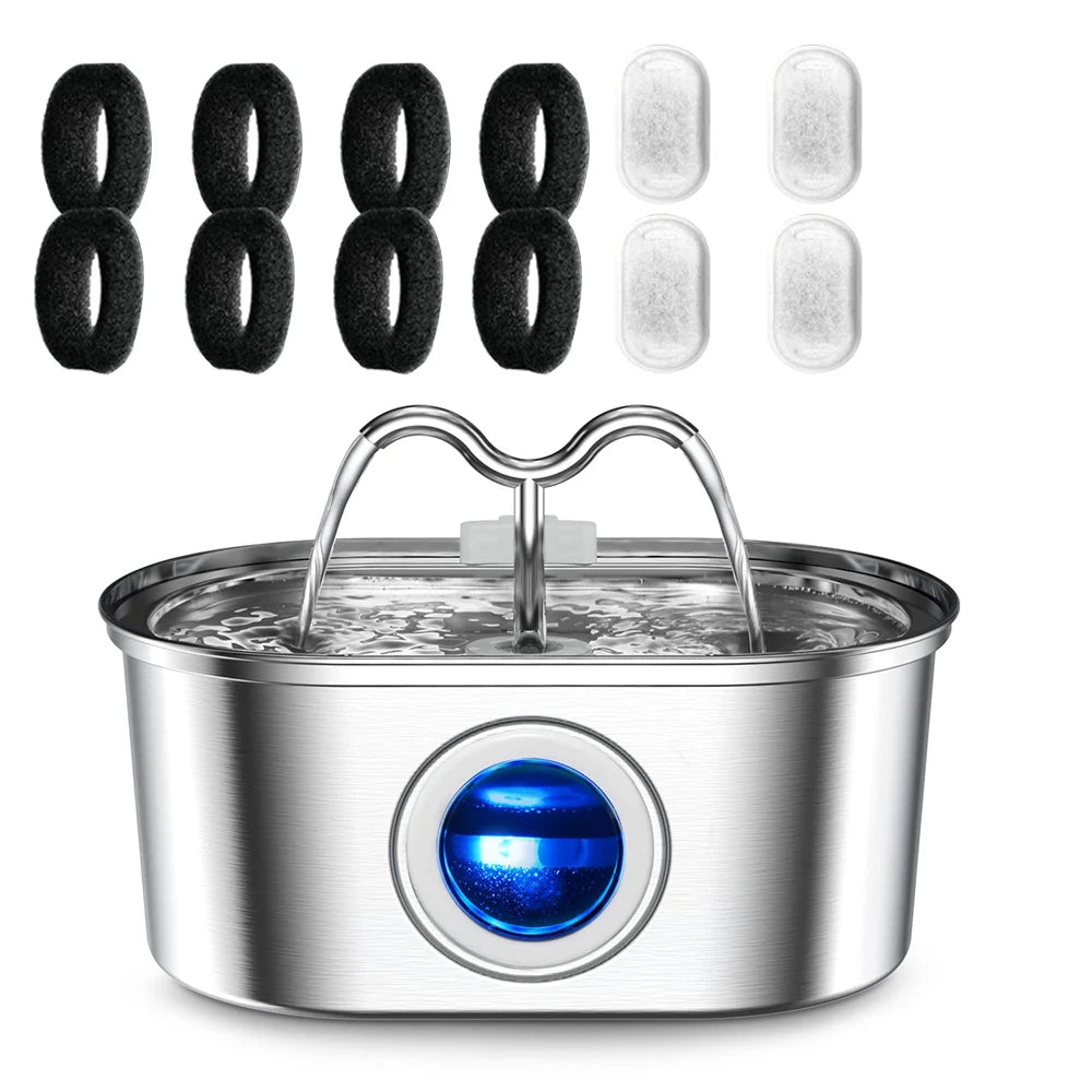Stainless steel cat water fountain with multiple water flow options and an LED light