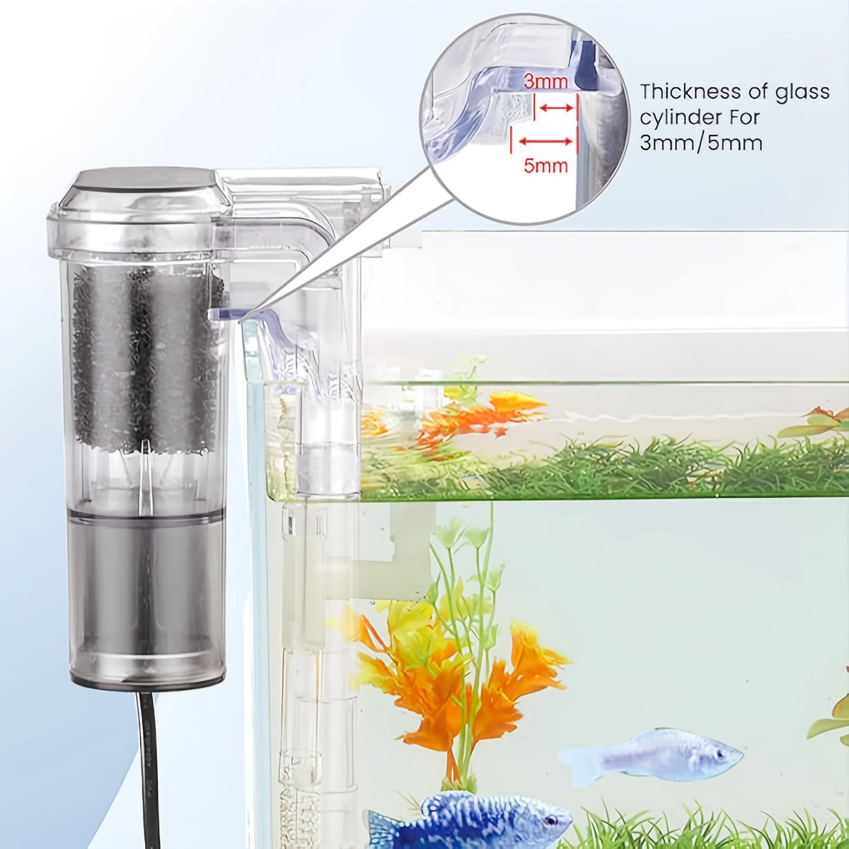 A close-up of a USB-powered mini aquarium filter with a glass cylinder for water circulation and fish tank setup.