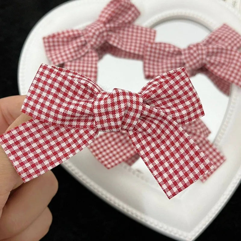 Red Plaid Fabric Bow Hair Clips for Girls