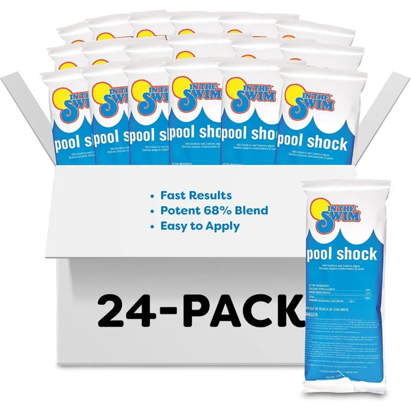 A box containing a 24-pack of Into the Swim pool shock granular water treatment sanitizer.