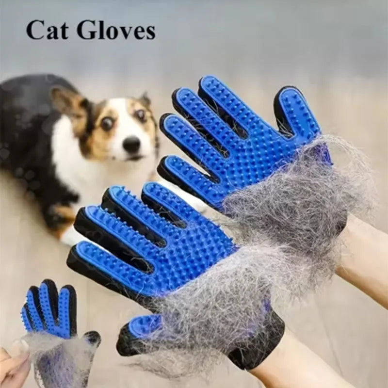 A hand wearing a blue silicone cat glove is shown with gray pet hair on it.